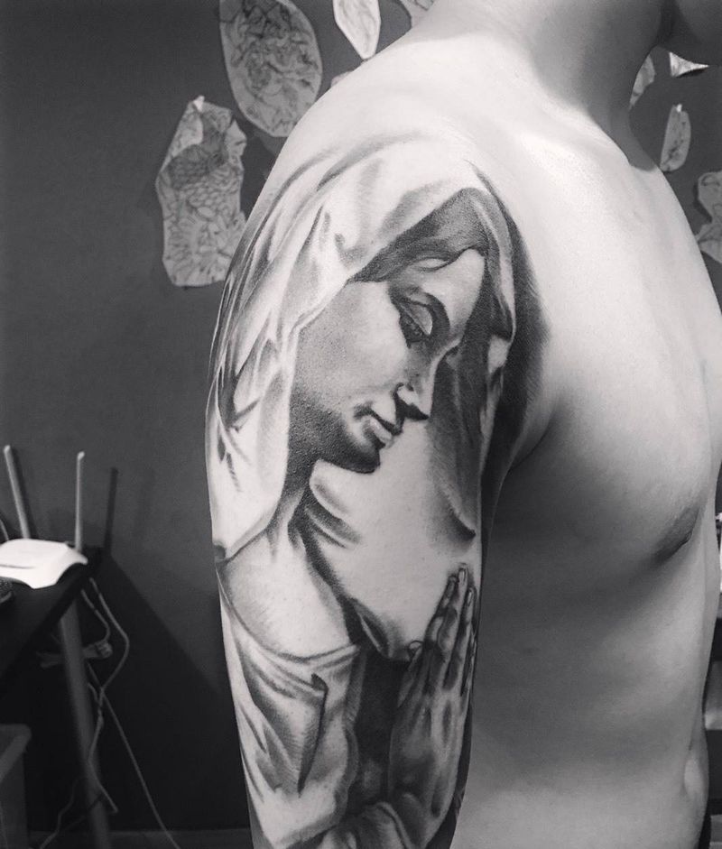 写实修女纹身图片_成品手臂欧美肖像人物原创修女纹身图案