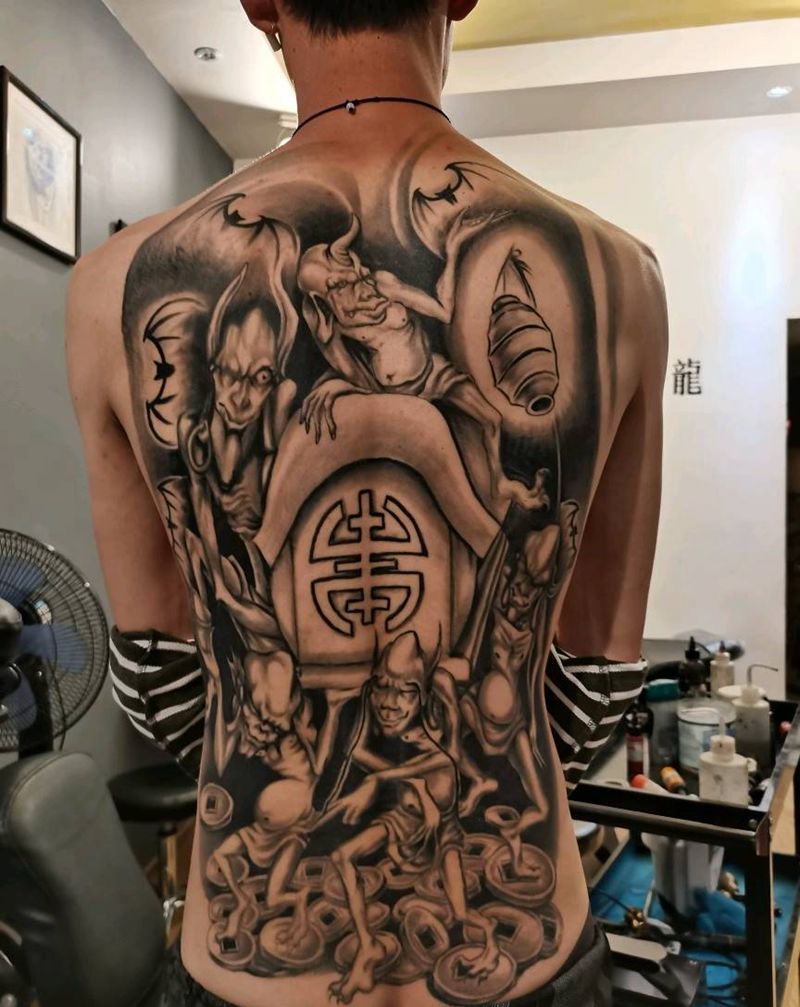 五鬼运财纹身图片_背部新传统纹身图案