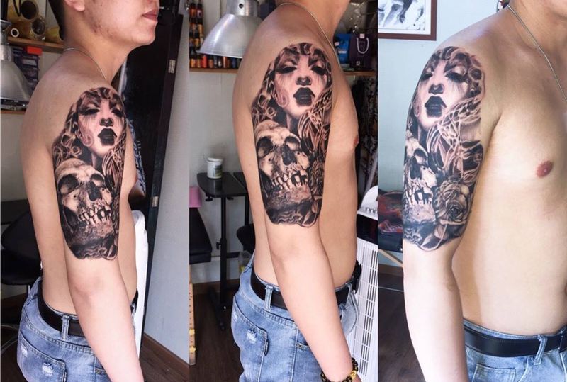 骷髅与美女纹身图片