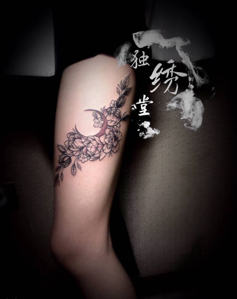 素花纹身图片_腿部纹身图案