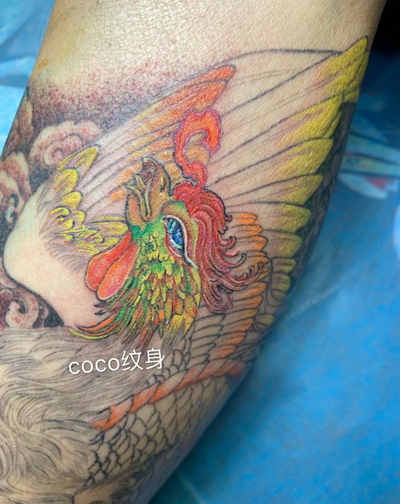 未完成，半成品#凤凰#纹身图片_腿部新传统纹身图案