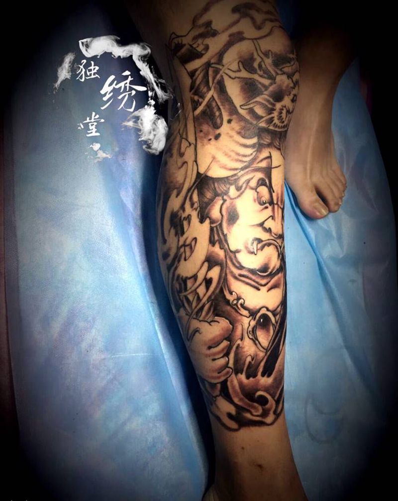 不动明王包小腿纹身图片_腿部纹身图案