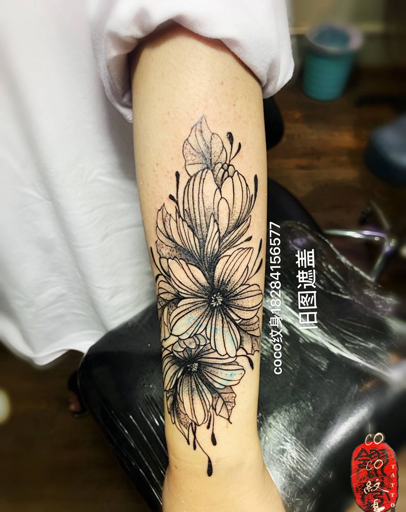 素花遮盖旧纹身纹身图片_手臂纹身图案