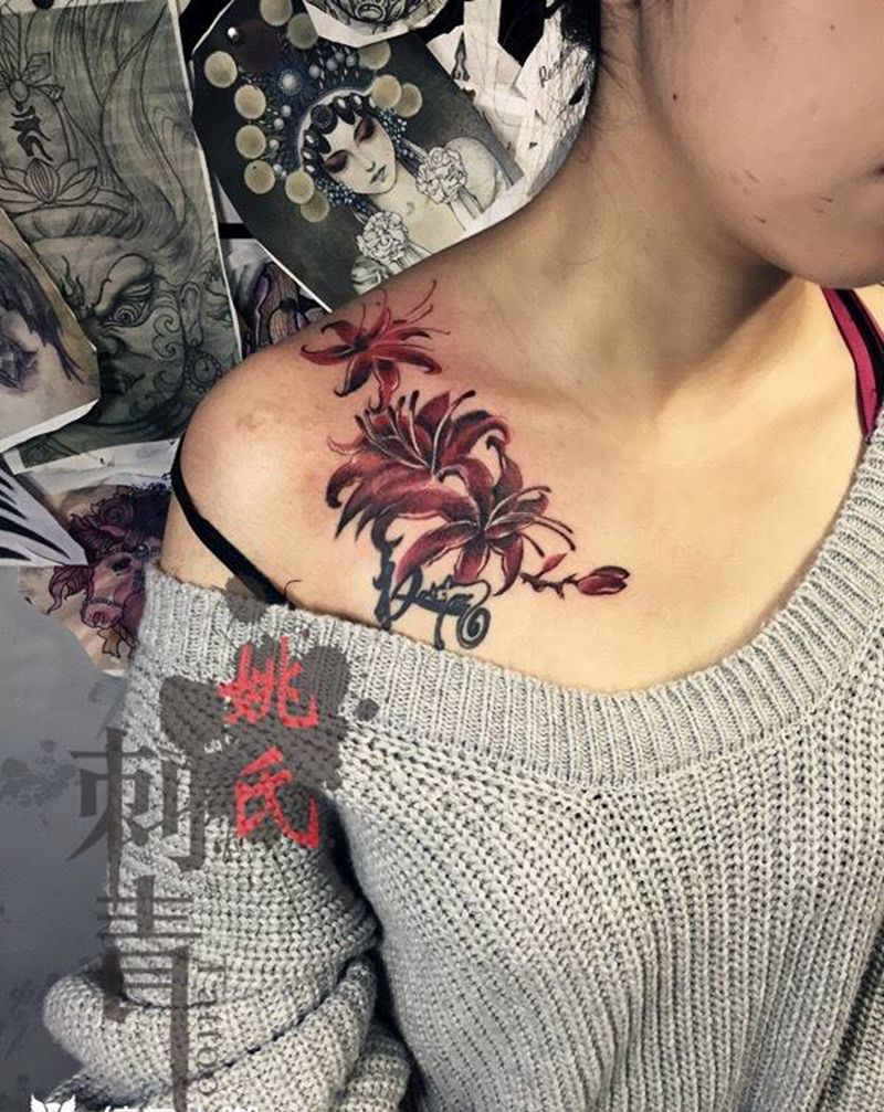 最近店内作品纹身图片_成品背部手臂肩部传统清新植物人物图腾纹身图案