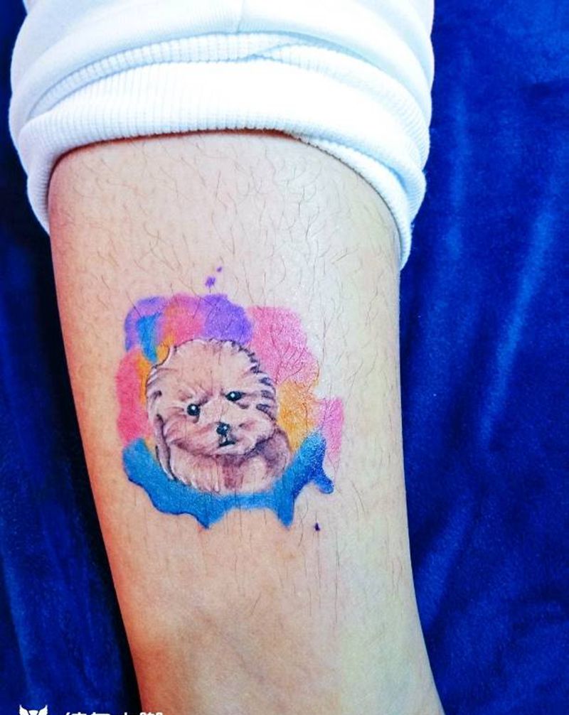 小狗纹身图片_脚部水彩纹身图案