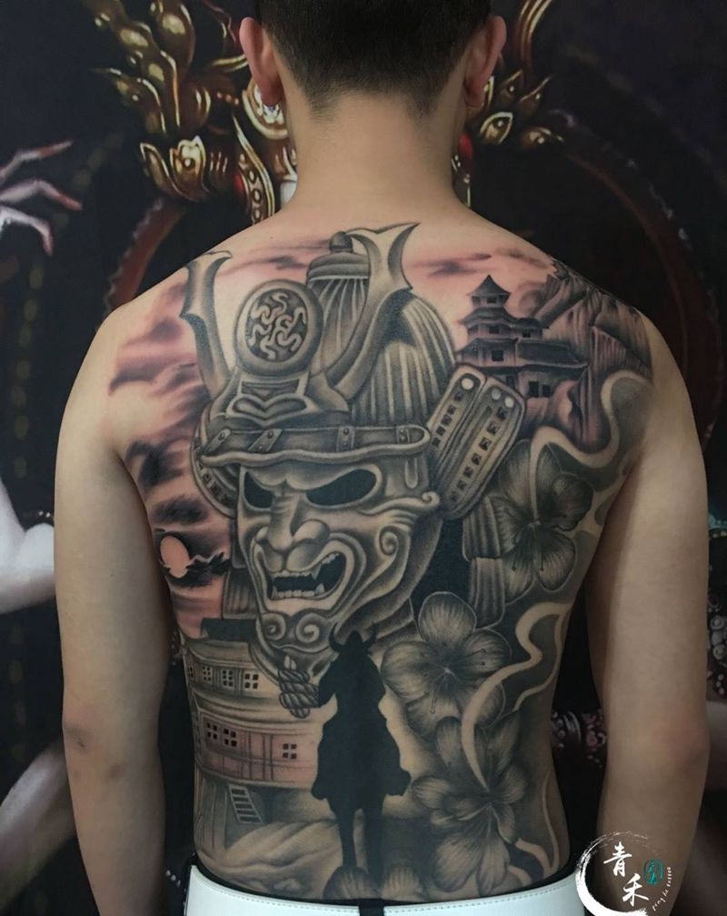满背鬼武士纹身图片_传统背部成品纹身图案