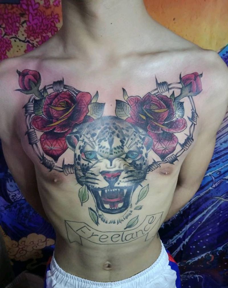 欧美school拼接纹身图片_胸部New School豹子   花纹身图案