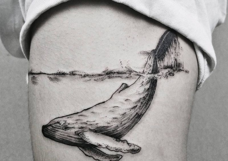 鲸纹身图片_腿部点刺鲸鱼纹身图案