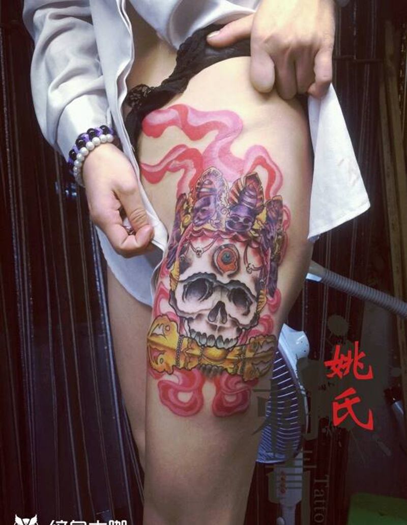大腿性感school纹身纹身图片_腿部欧美姚氏刺青成品纹身图案