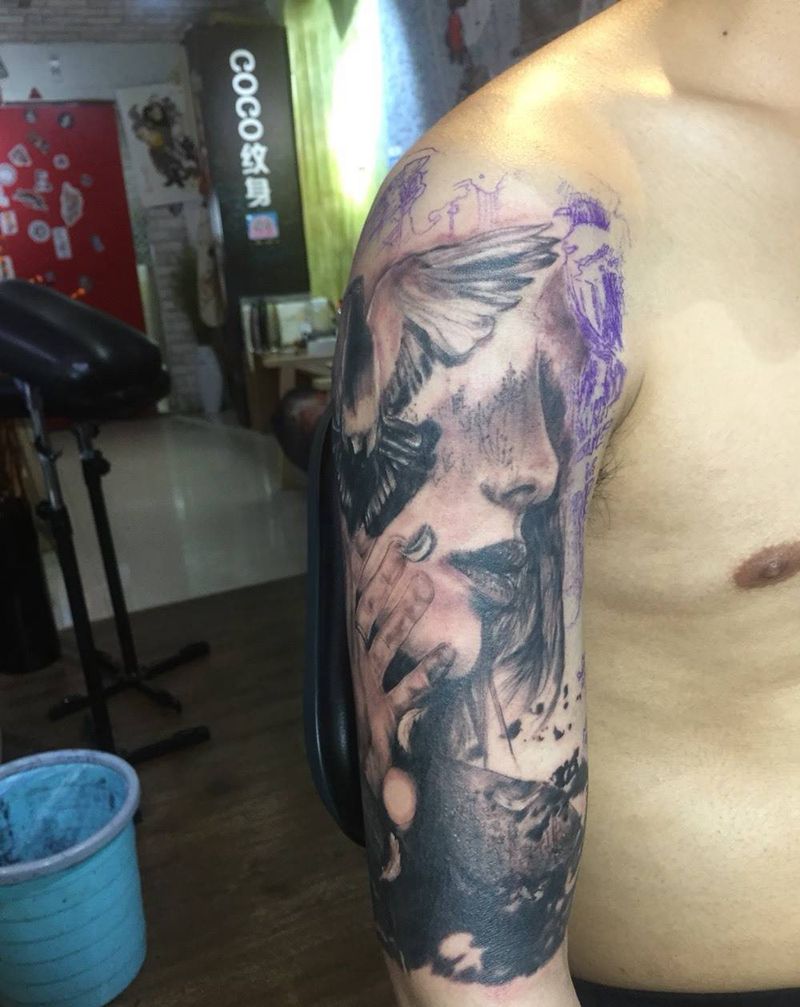 纹身师coco今日纹身图片_写实手臂人物未完待续纹身图案