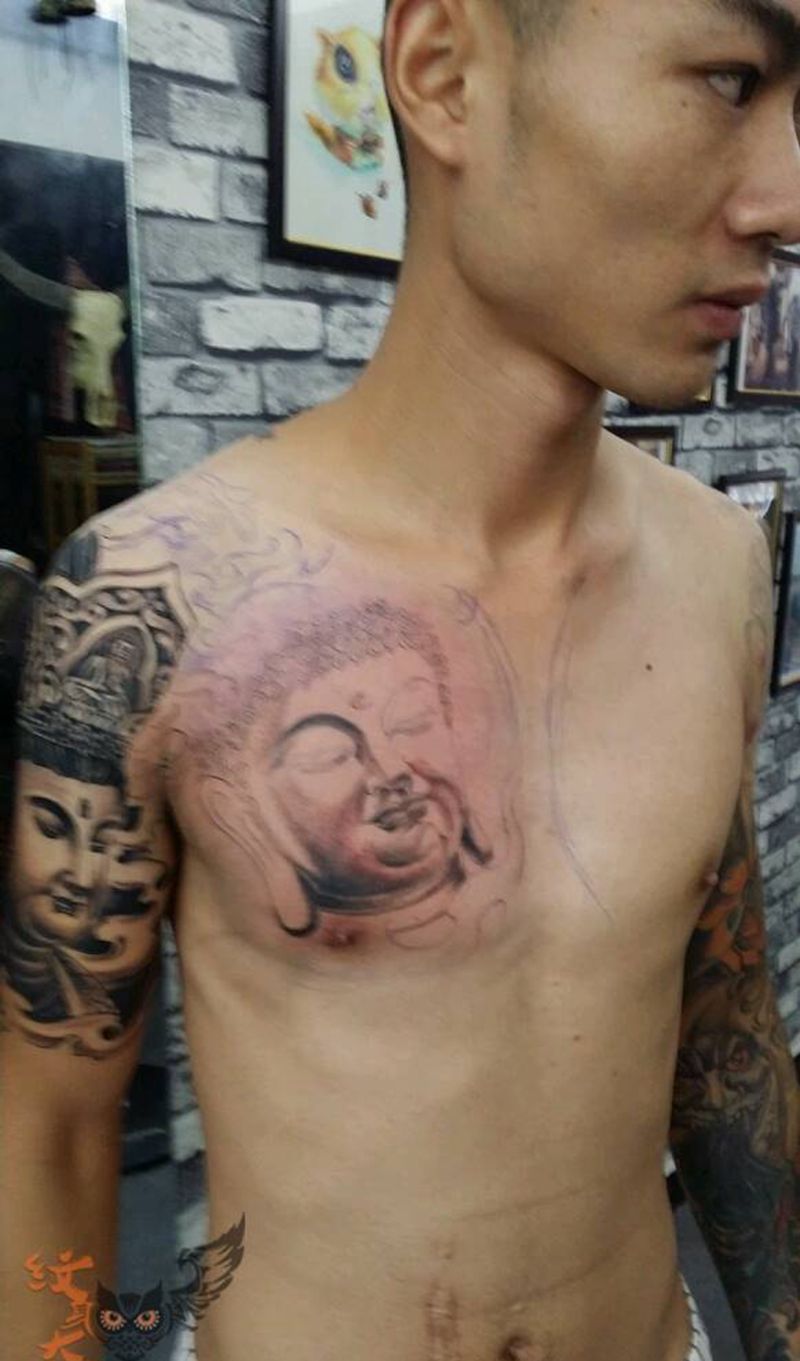 半甲全佛过程！！纹身图片_传统颈部胸部手臂字符人物宗教原创花絮纹身图案