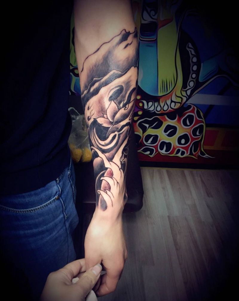 海浪山水包小臂纹身图片