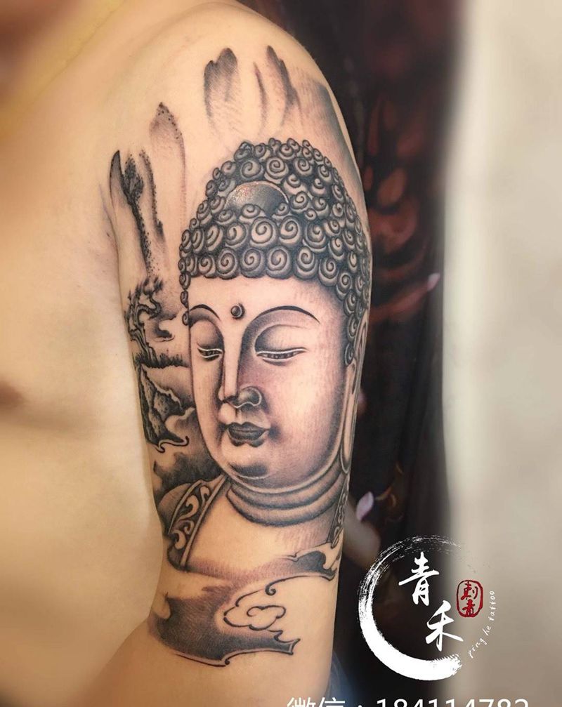 大臂佛头纹身图片_成品手臂鬼神传统纹身图案