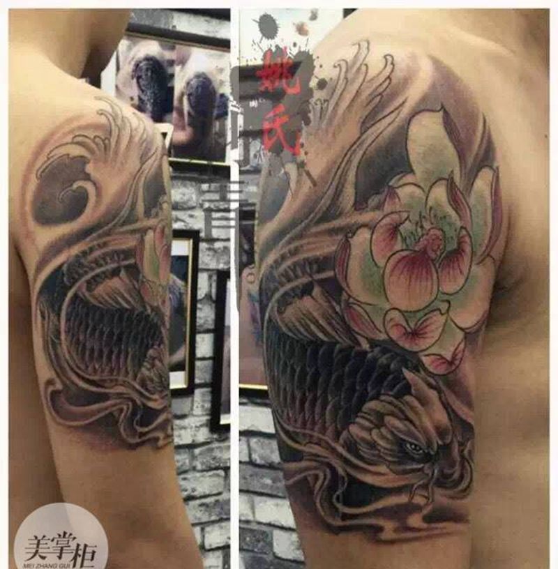 大臂锦鲤，腰部蜘蛛纹身图片_传统欧美动物手部腰部纹身图案