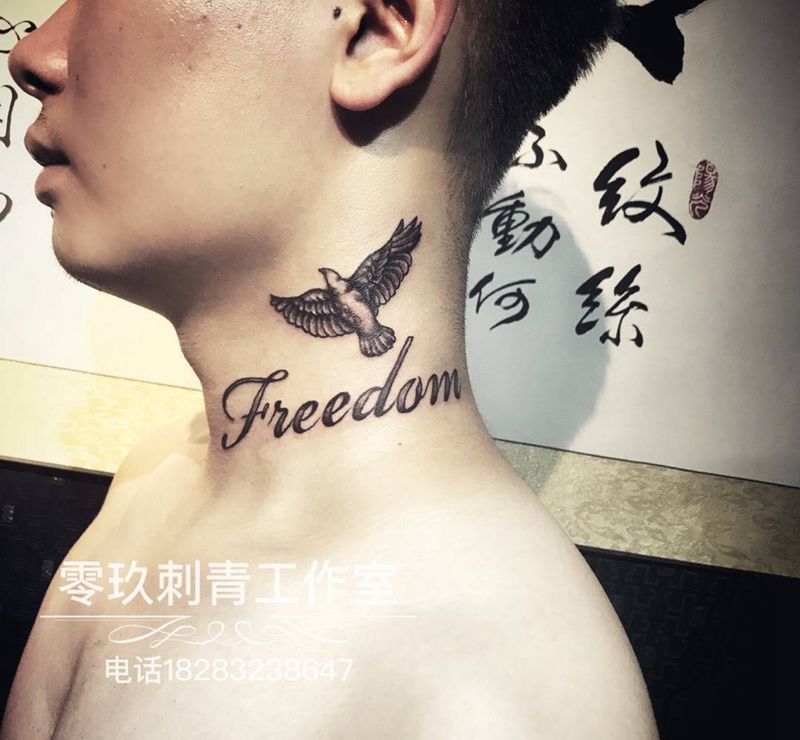 脖子英文和鸽子纹身图片