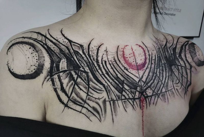 暗黑 大花胸纹身图片_胸部花体字暗黑纹身图案