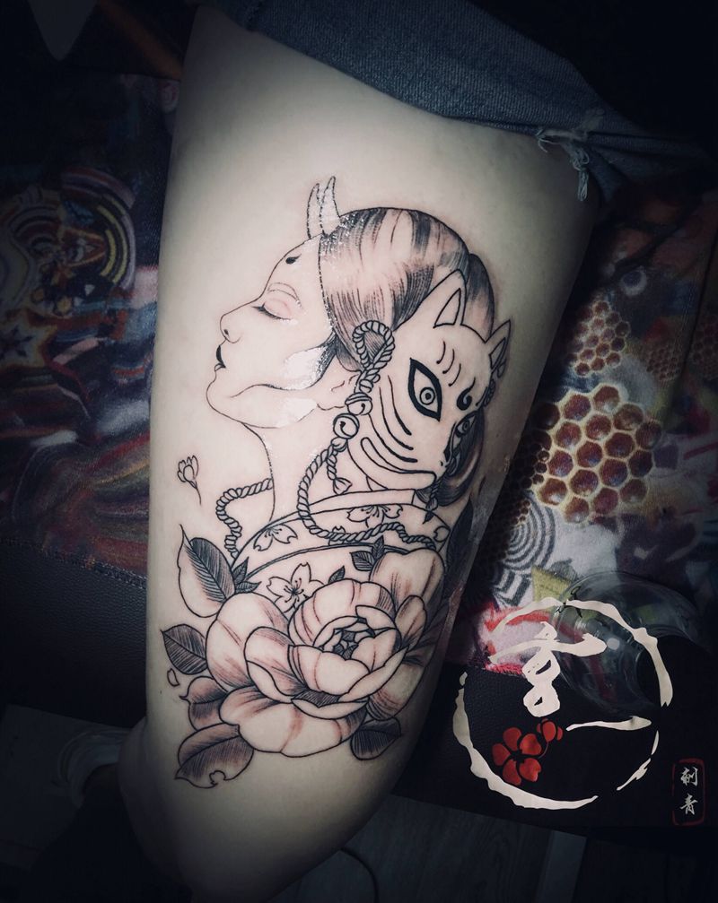 艺妓割线未完纹身图片_腿部纹身图案