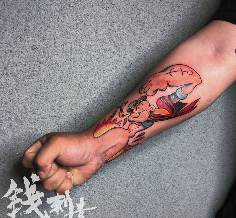 大力水手纹身图片_手部肩部New School花体字纹身图案