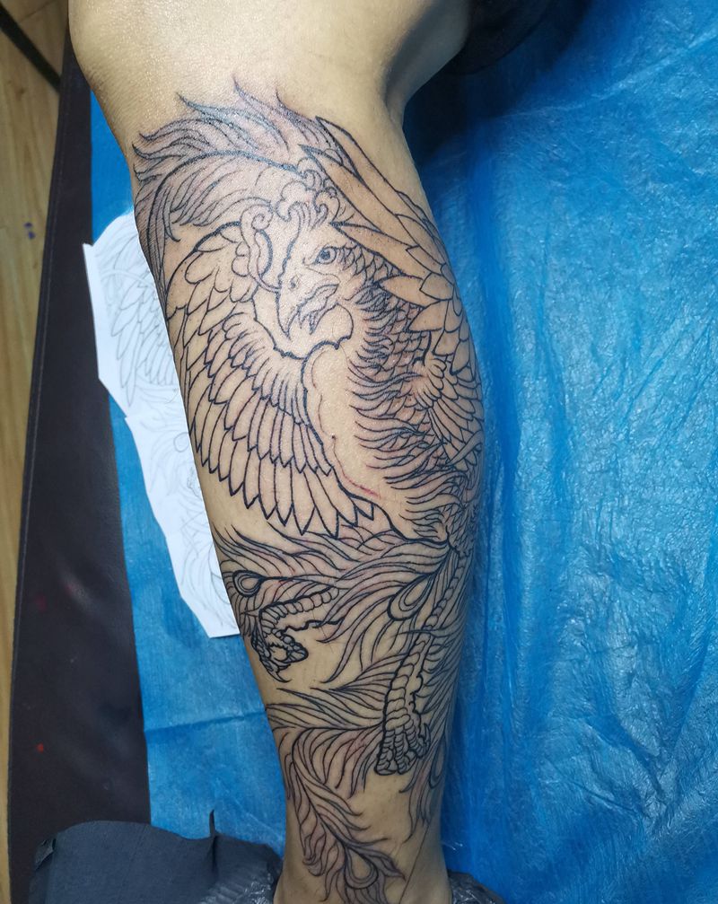 朱雀未完成纹身图片_腿部新传统纹身图案