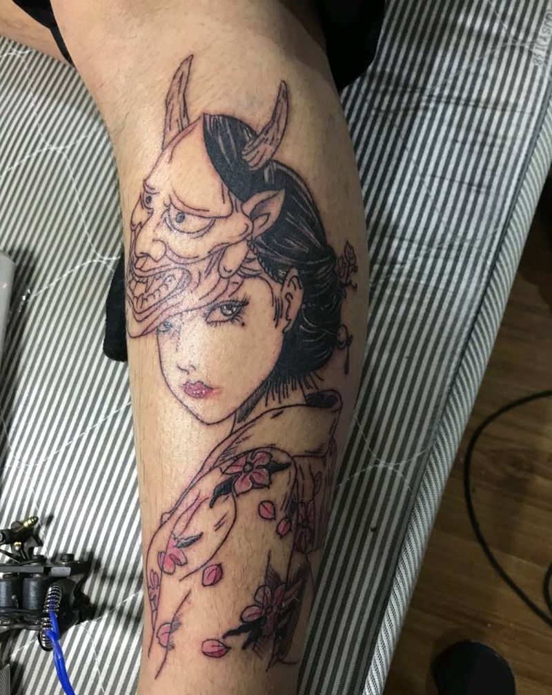 艺妓纹身图片_腿部新传统纹身图案