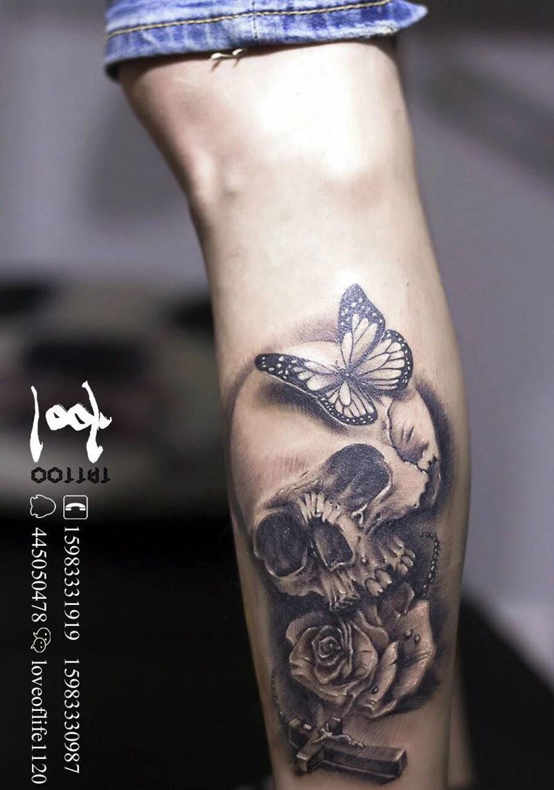骷髅玫瑰纹身图片