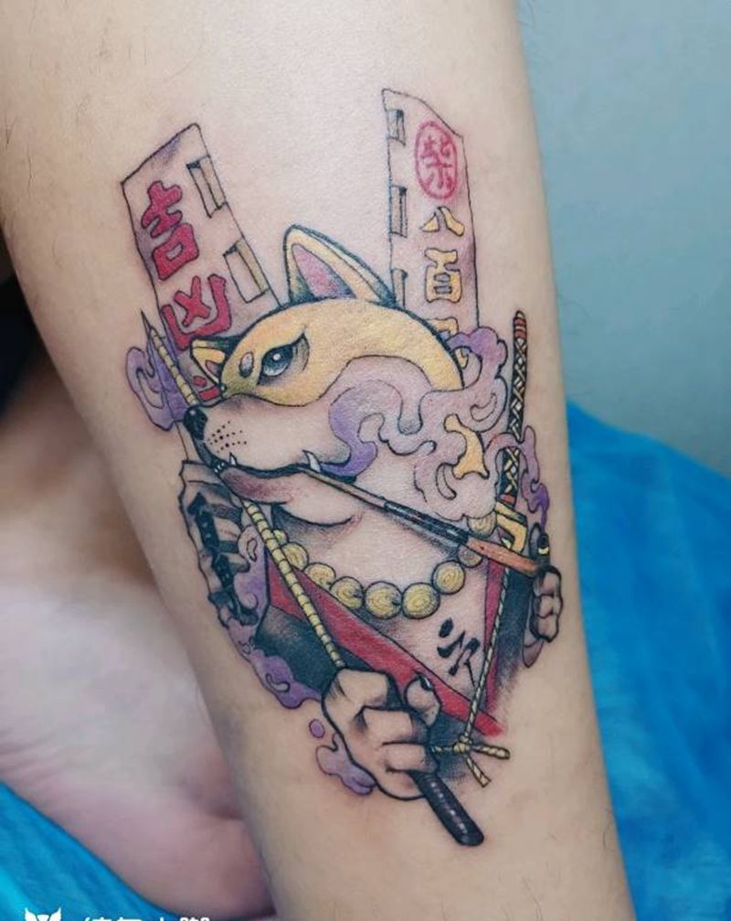 小柴纹身图片_腿部新传统纹身图案