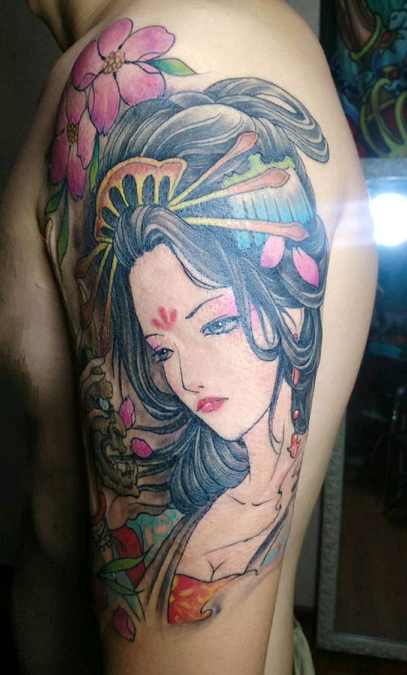 艺妓纹身图片_手臂新传统纹身图案