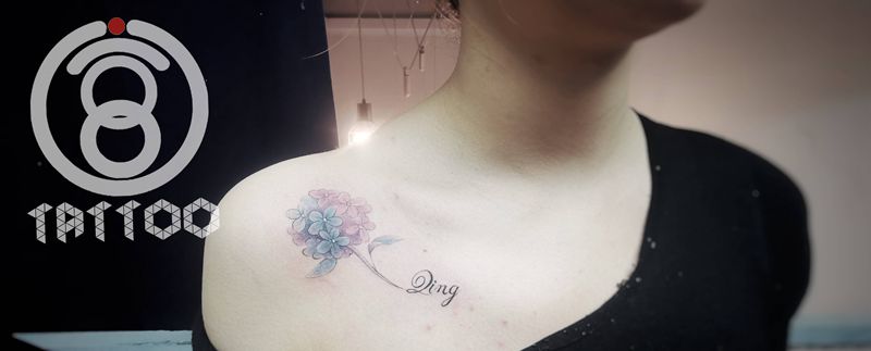 绣球花纹身图片_肩部水彩纹身图案