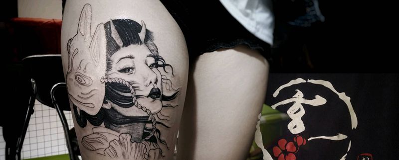 花絮纹身图片_腿部新传统纹身图案