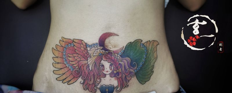 妊辰纹遮盖纹身图片_腹部纹身图案