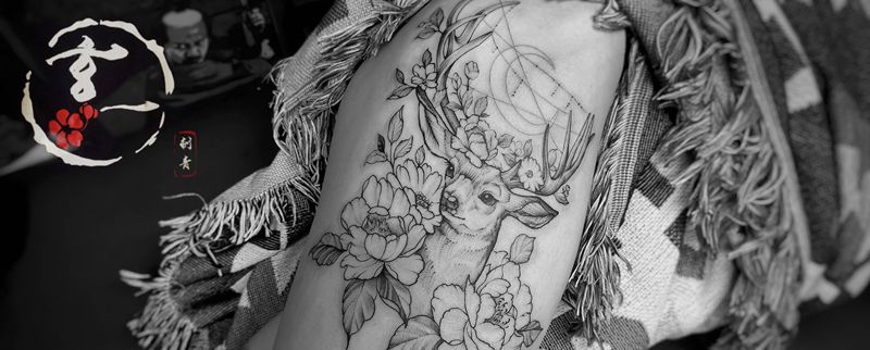 大腿设计麋鹿一枚纹身图片_腿部臀部点刺纹身图案