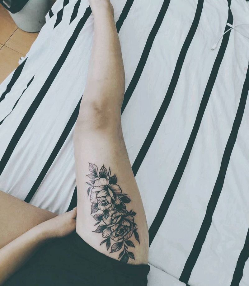 素花纹身图片_腿部纹身图案