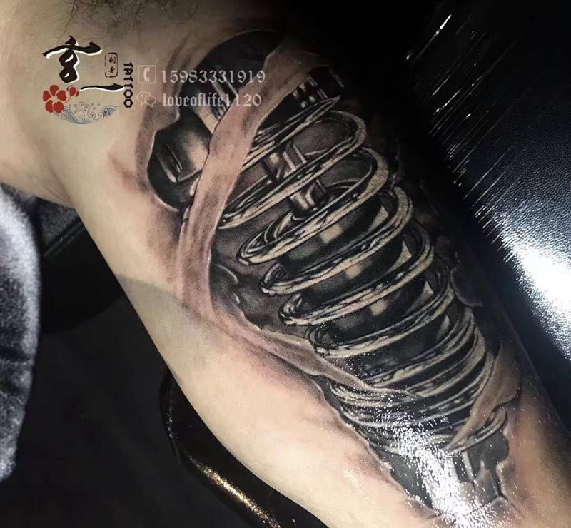 3d机械减震纹身图片_成品欧美手臂写实纹身图案