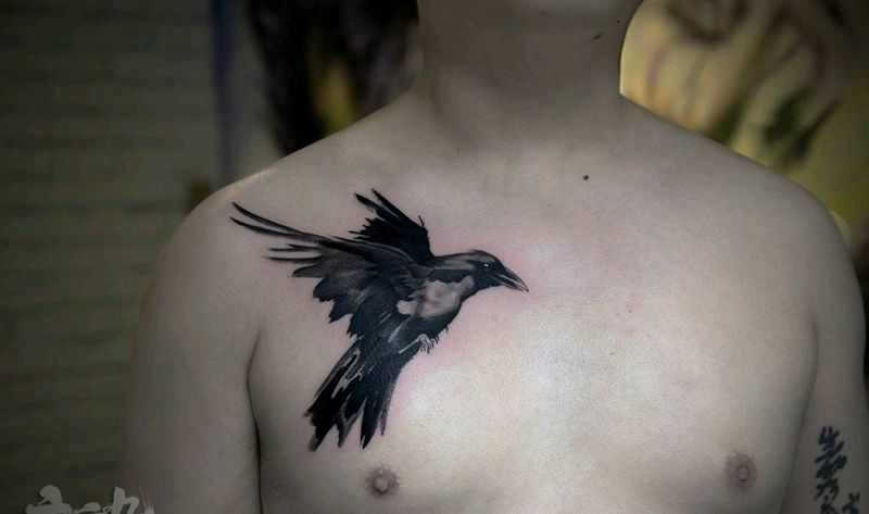 水墨鸟,徐师作品……纹身图片_胸部动物纹身图案