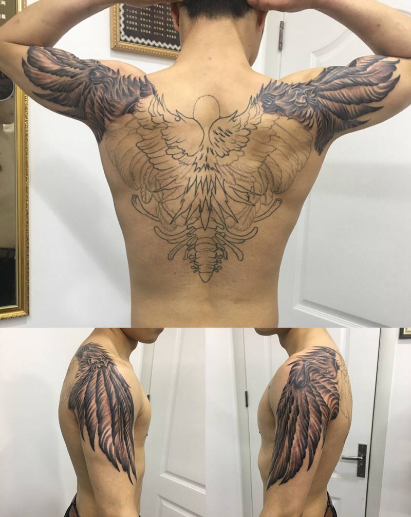 翅膀纹身图片_肩部背部新传统纹身图案