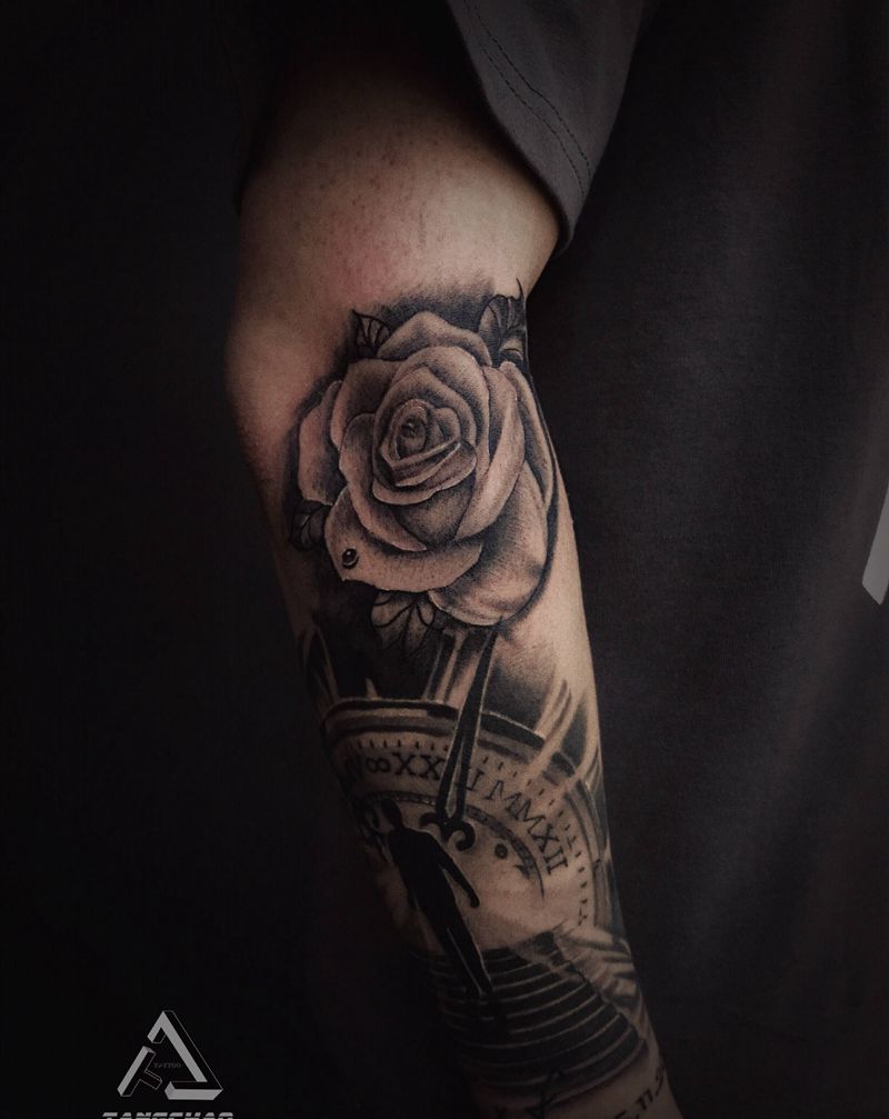 写实花臂拼接纹身图片_手臂欧美写实纹身图案