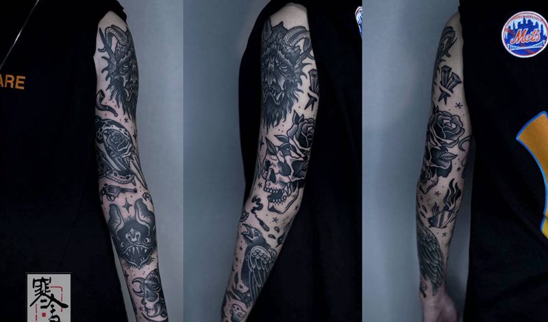 暗系花臂纹身图片_手臂Old School纹身图案