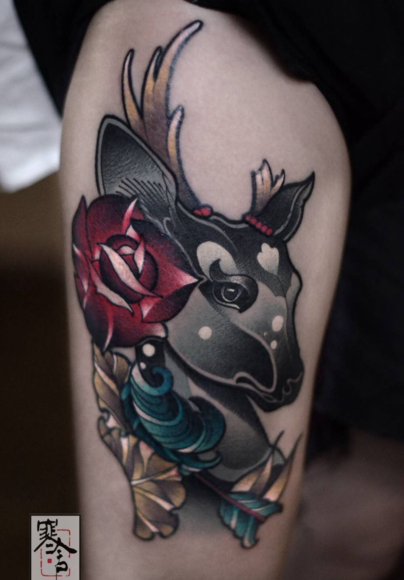 鹿纹身图片_腿部New School纹身图案