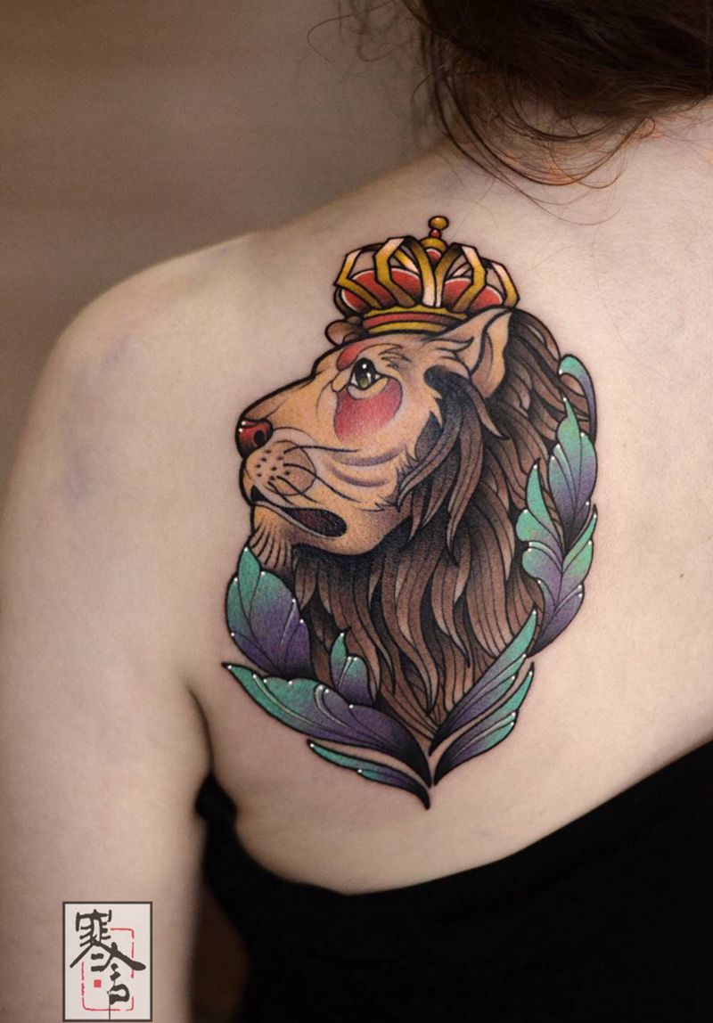 狮子纹身图片_背部New School纹身图案