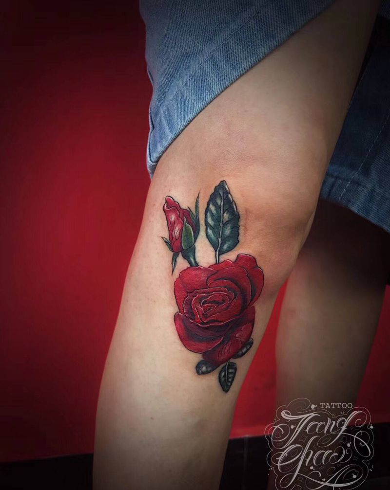 玫瑰纹身图片_腿部欧美写实纹身图案