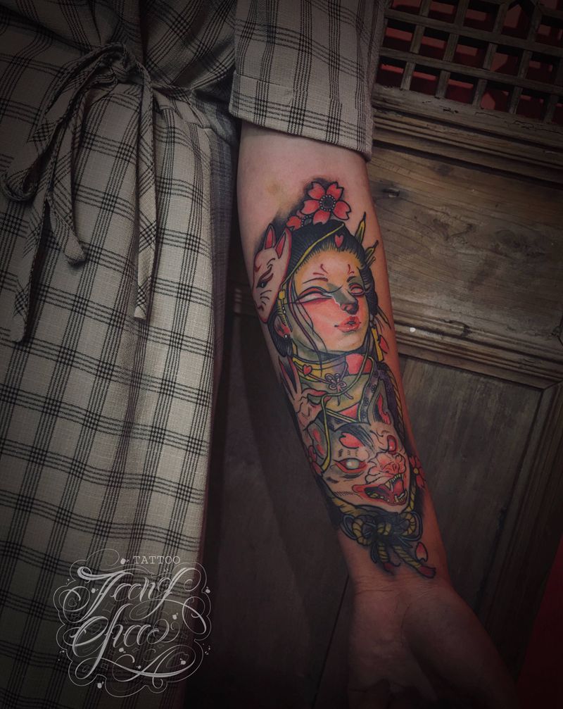 僵尸艺妓纹身图片_手臂新传统纹身图案