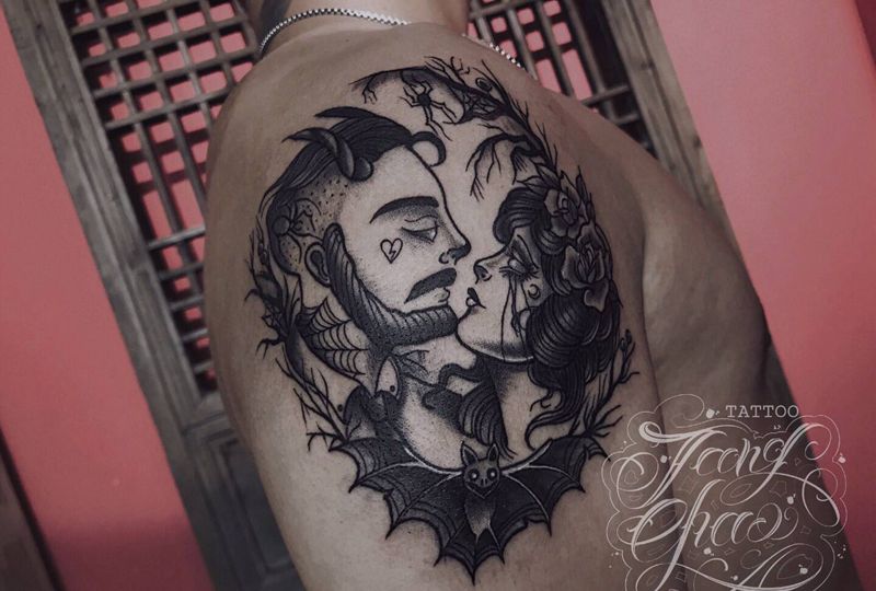 狗男女纹身图片_Old School纹身图案