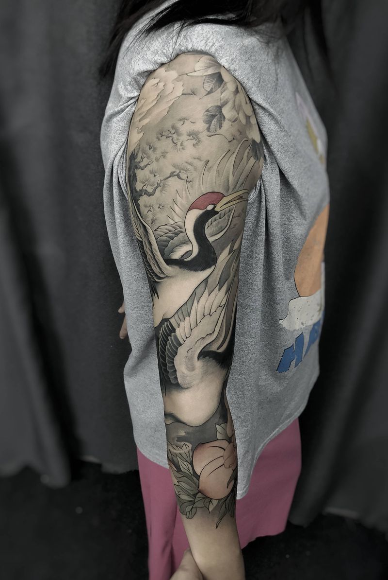 仙鹤花臂纹身图片_手臂新传统中国风纹身图案