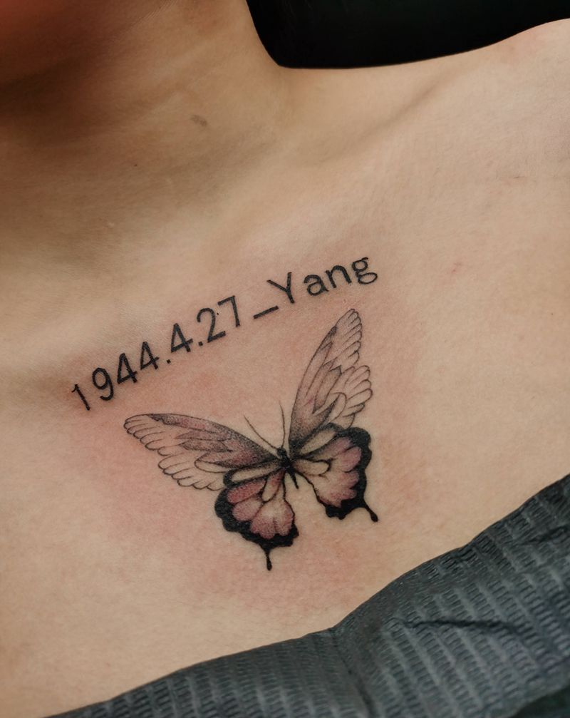 蝴蝶纹身图片_胸部欧美写实纹身图案
