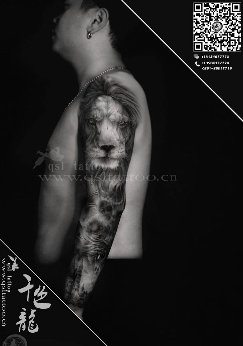 欧美时钟+狮子～纹身图片