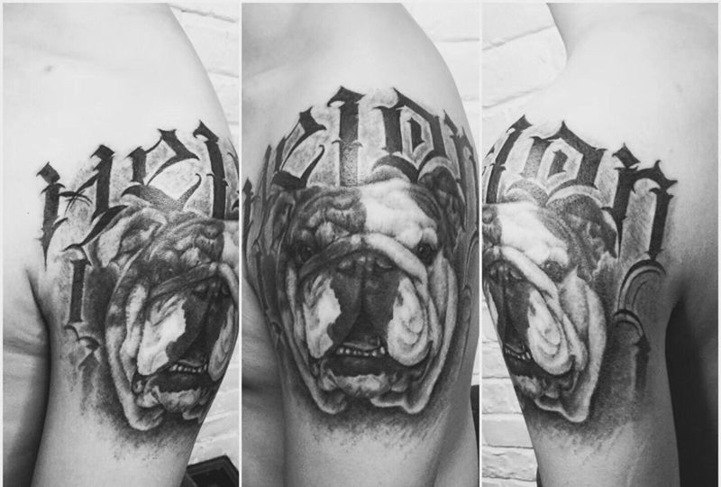 英斗犬肖像搭配字母纹身图片