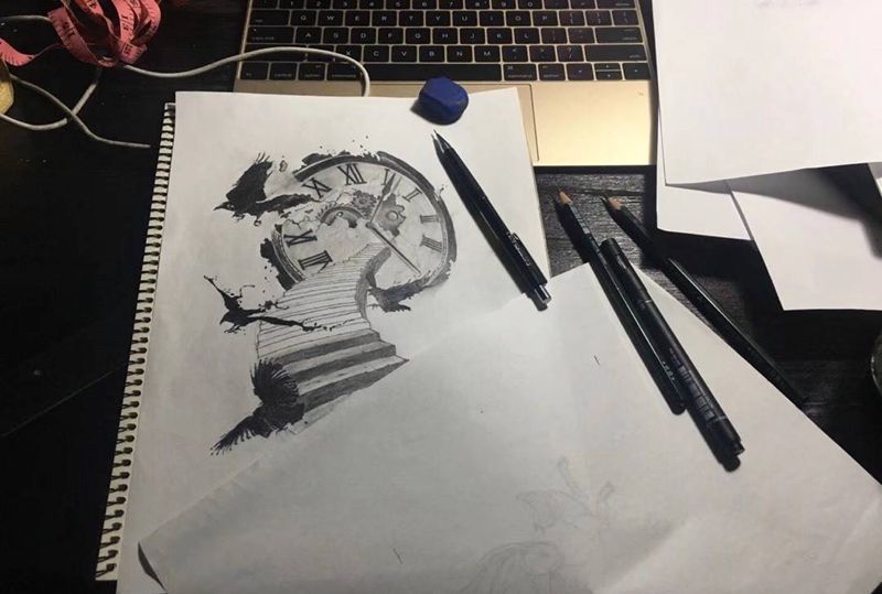 欧美融合中国水墨花臂纹身图片