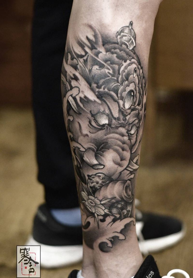 象神纹身图片_腿部新传统纹身图案