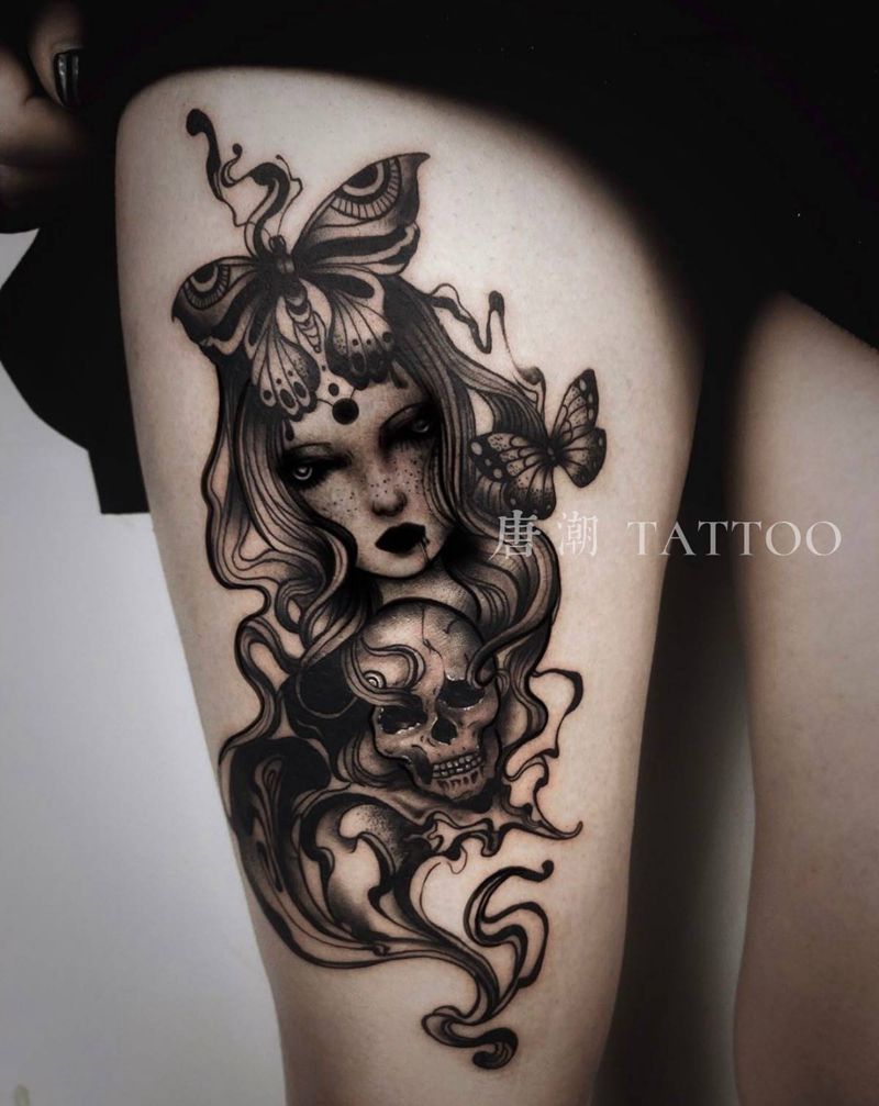暗物来袭纹身图片_腿部欧美写实纹身图案