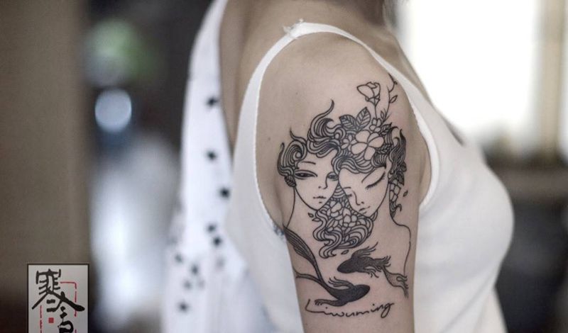 双子+双鱼纹身图片_手臂纹身图案